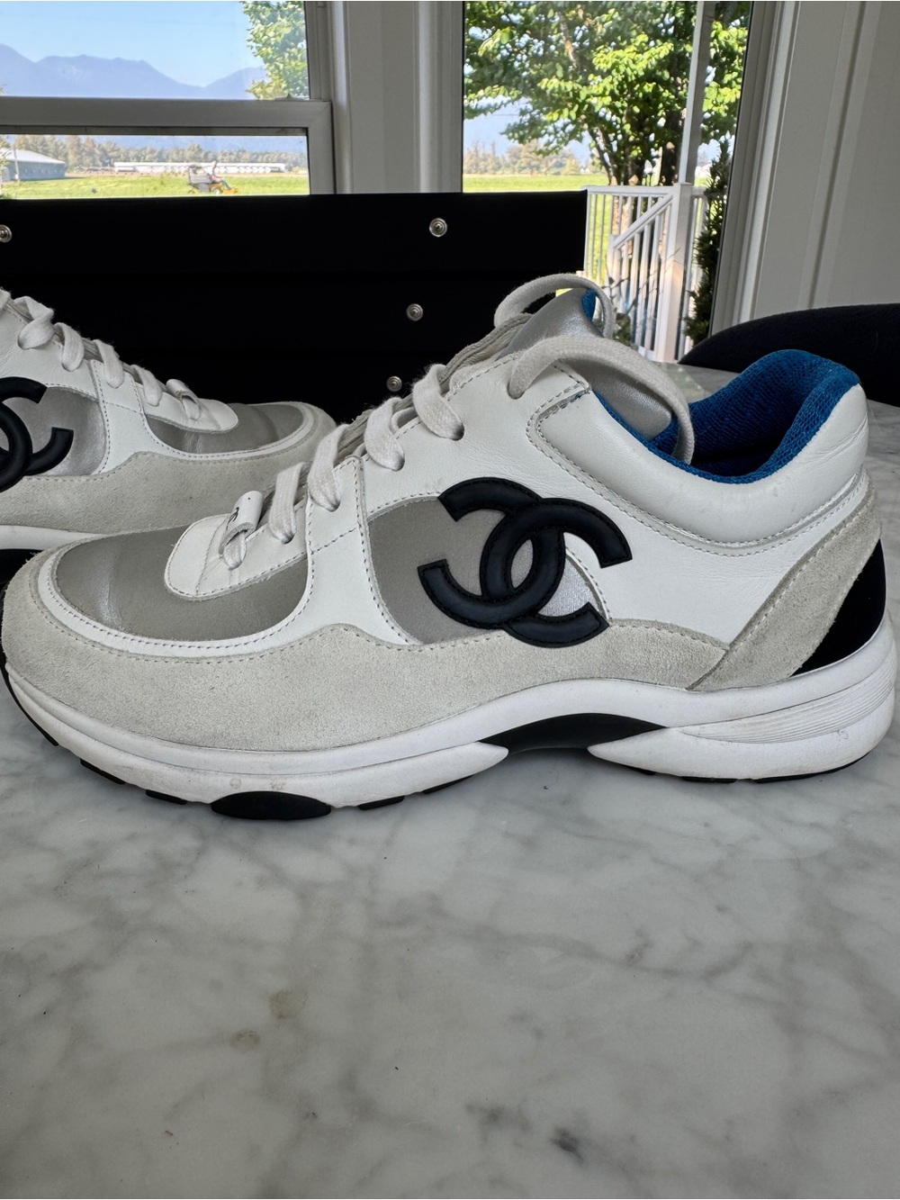 CHANEL White, Silver & Black Leather Logo Sneakers with Blue Lining